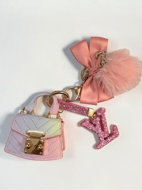Mini Pink Handbag Charm Keychain w/ Bow Pom Pom & Rhinestone Logo